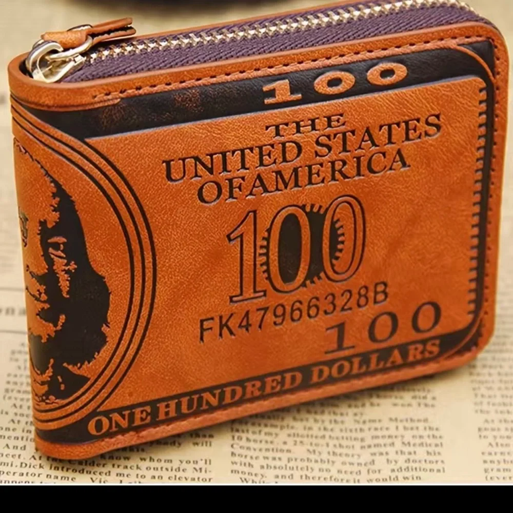 Vintage Leather Men's Wallet with Dollar Bill Design - Credit Card and…